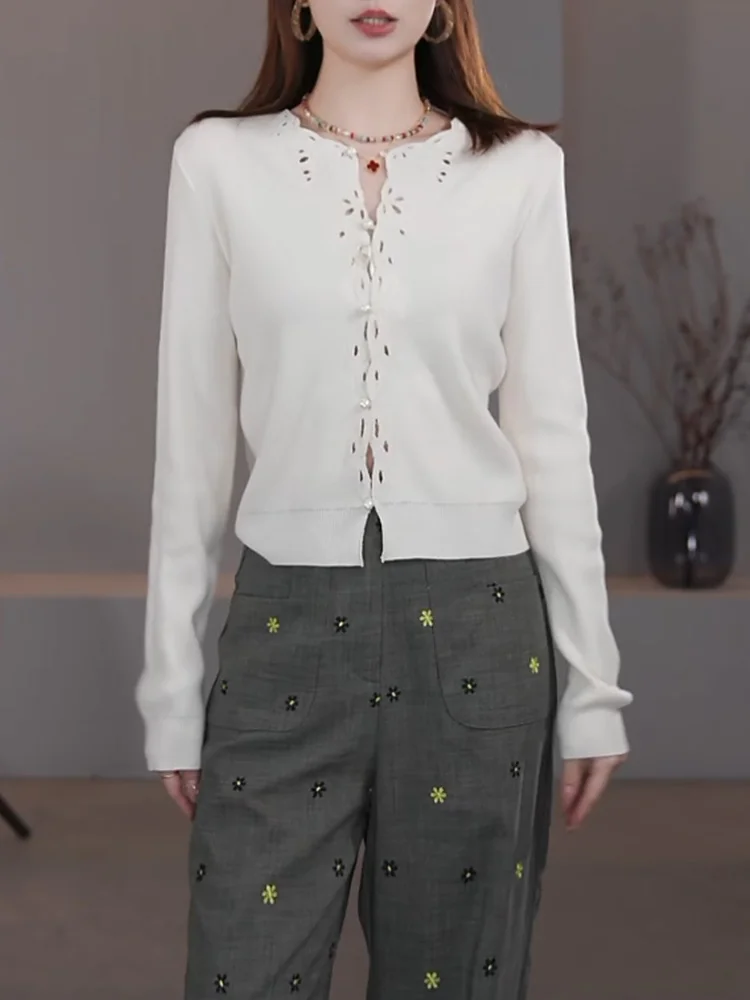 

White Knitted Hollow V-ne Open Cardigan Faionable plus Size Versatile Slimming Top for Autumn Season Commute Wear