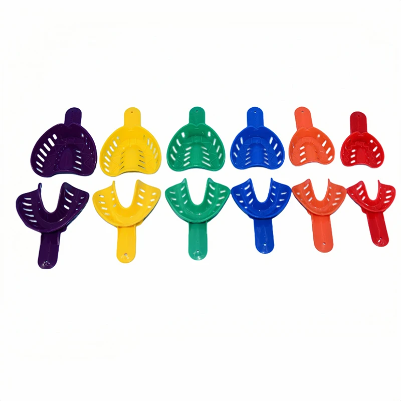 12pcs 치과 인상 트레이 일회용 플라스틱 다채로운 치아 홀더 성인과 어린이를위한 치과 재료 구강 관리 도구