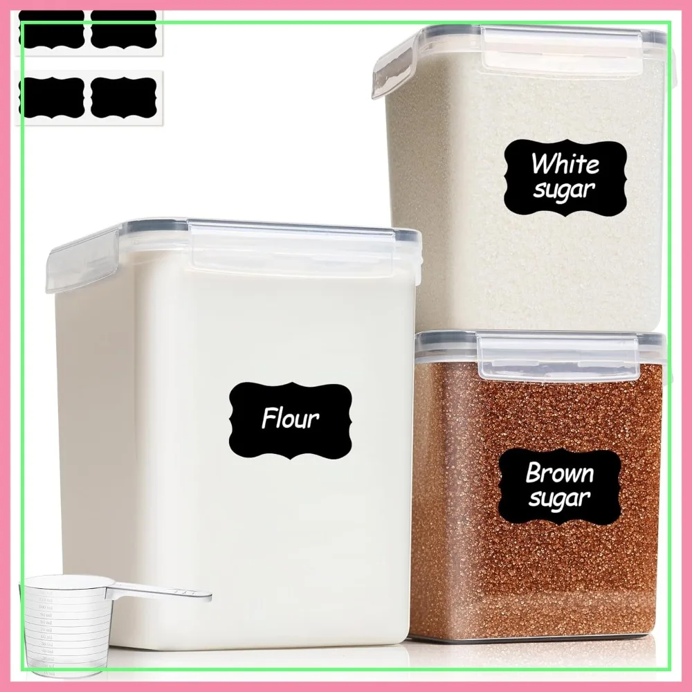 

3 Pcs Airtight Flour and Sugar Containers for Pantry, 5lb Capacity, Extra Wide Mouth, Stackable Baking Organizer