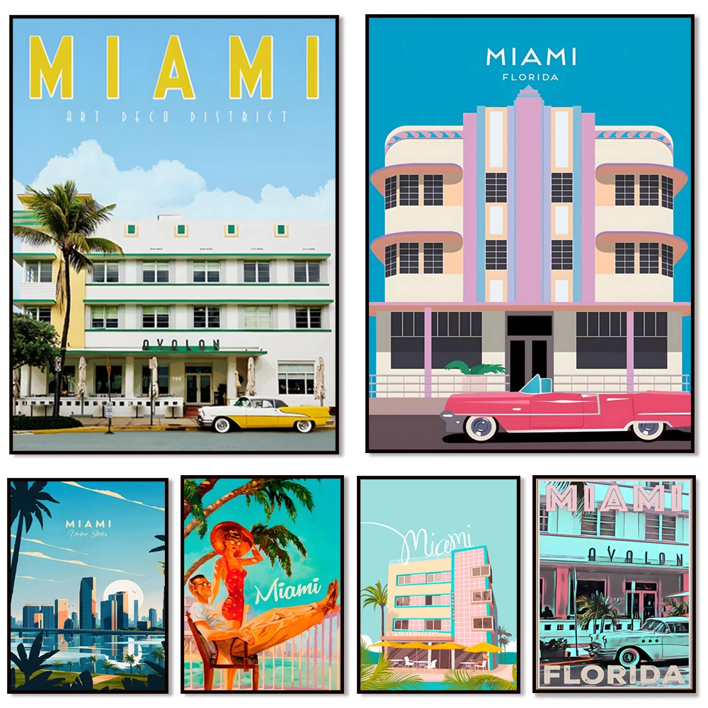 ملصق ميامي العتيق، شاطئ ميامي، طباعة فلوريدا، ملصق سفر أمريكي عتيق، صور ميامي، فن الجذب السياحي جدار ديكو #1