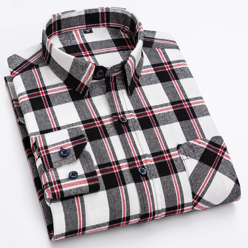 100% Pure Cotton Men Long Sleeve Shirt Plaid Stripe Flannel Business Casual Classic Breathable Men Pocket Button Workwear Shirt