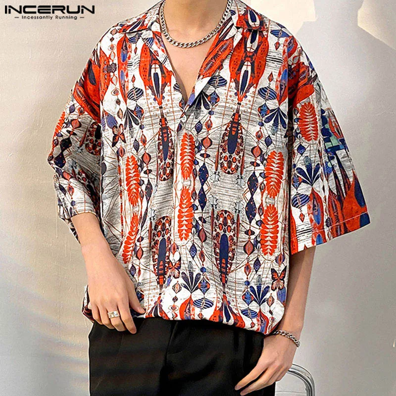 

INCERUN Tops 2024 Korean Style Fashion Men's Ethnic Printing Pattern Shirts Summer Streetwear Hot Sale Half Sleeved Blouse S-5XL