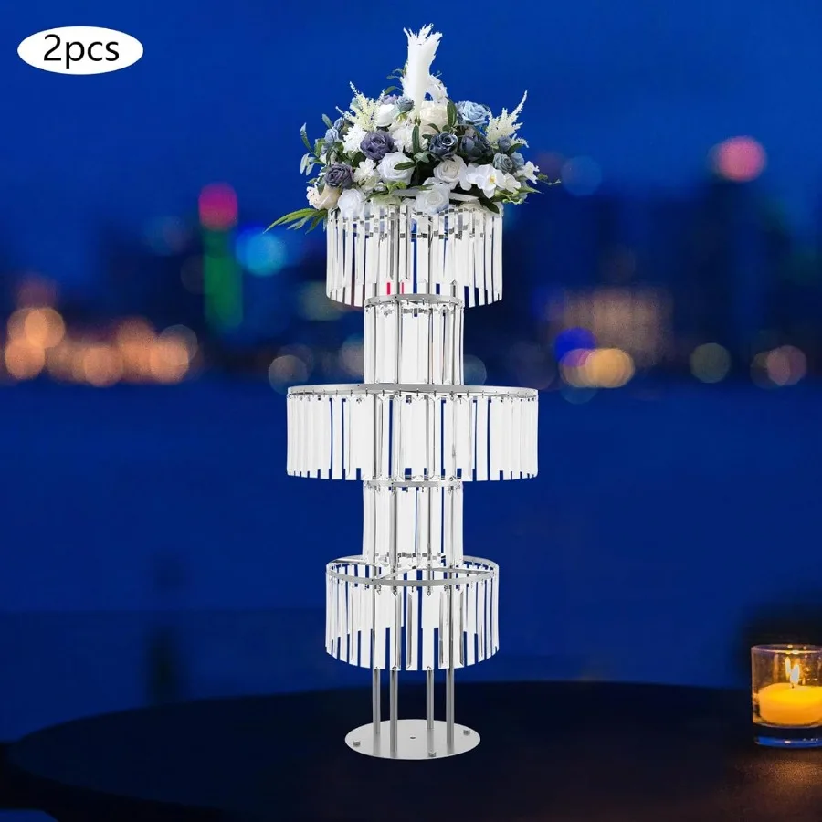 2 قطعة 5 طبقات كريستال زهرة تقف 43.3in طويل القامة تحف الزفاف مع بلورات معلقة لحفل زفاف عيد ميلاد أنيقة Ce #2