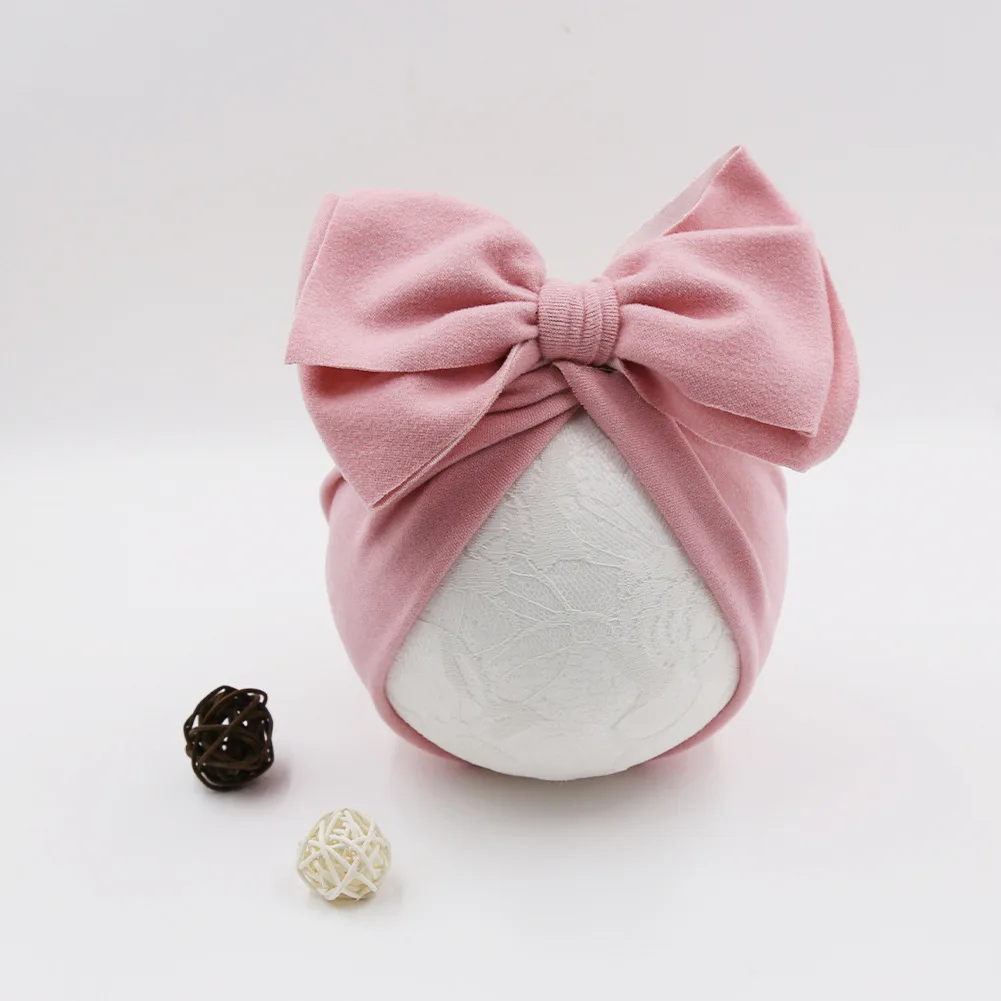 Cute Big Bow Baby Hat Solid Color Newborn Infant Indian Hat Soft Cotton Girls Turban Cap Beanie Head Wrap Kids Bonnet