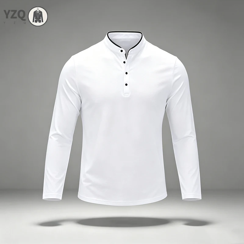 Men Regular Fit Long Sleeve Polo Shirt Mandarin Collar Contrast Trim For Street Style And Office Daily Commute Wear