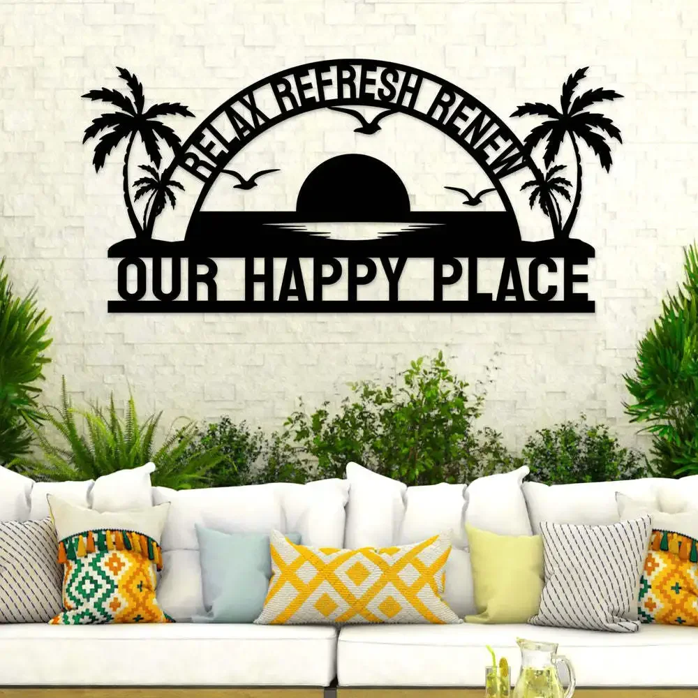 

Our happy place Metal art, wrought iron hollow silhouette pendant, living room bedroom home crafts