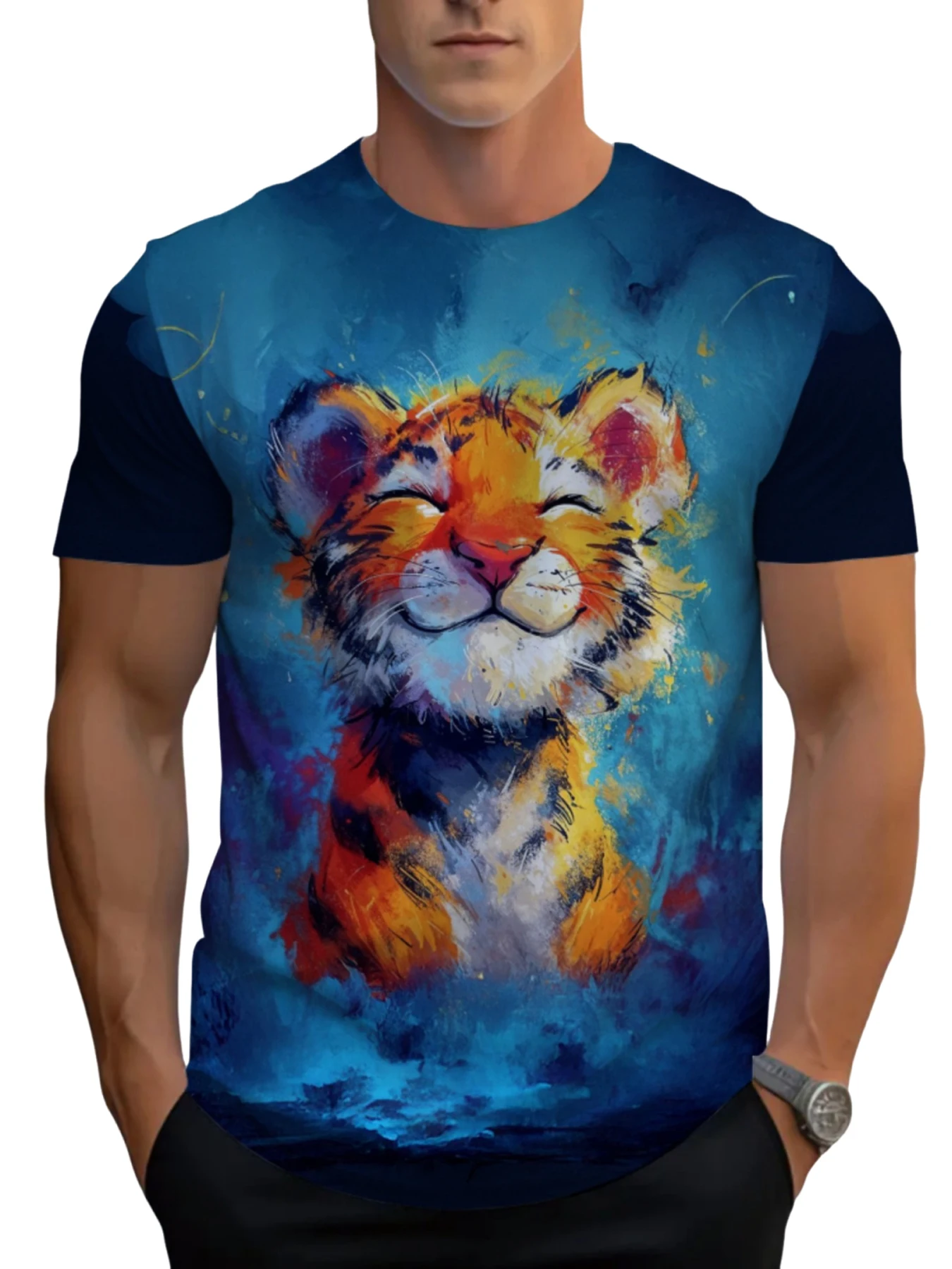 

Men's Tiger Graph Print Short Sleeve Crew Neck T-Shirt Soft, Breathable, Lightweight, Relaxed Fit Tee For Travel, Beach Trips