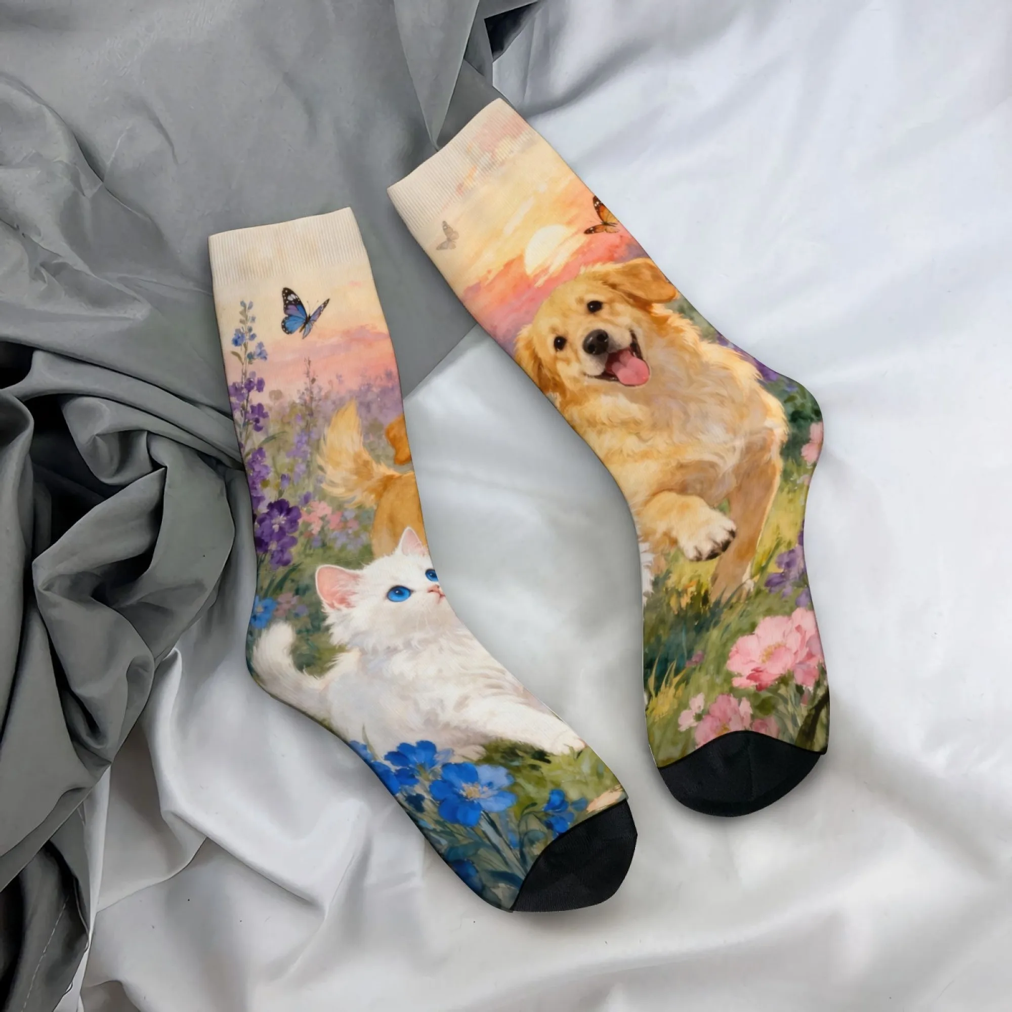

Oil Painting Cat and Dog Art Sock Harajuku Retro Style Comfortable Outdoor Casual Stylish Men's Socks Novelty Funny Happy Socks