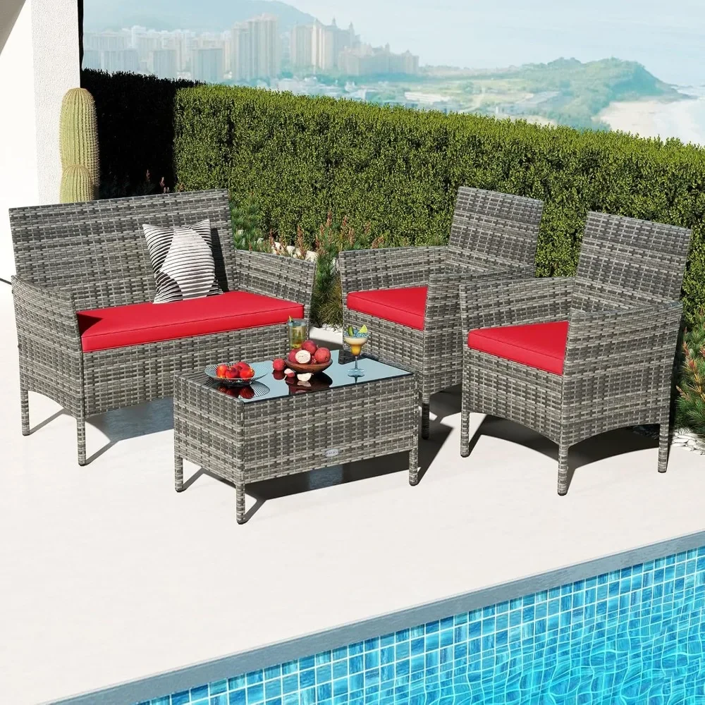 

4-piece courtyard rattan dialogue set, outdoor willow furniture set with cushioned chairs