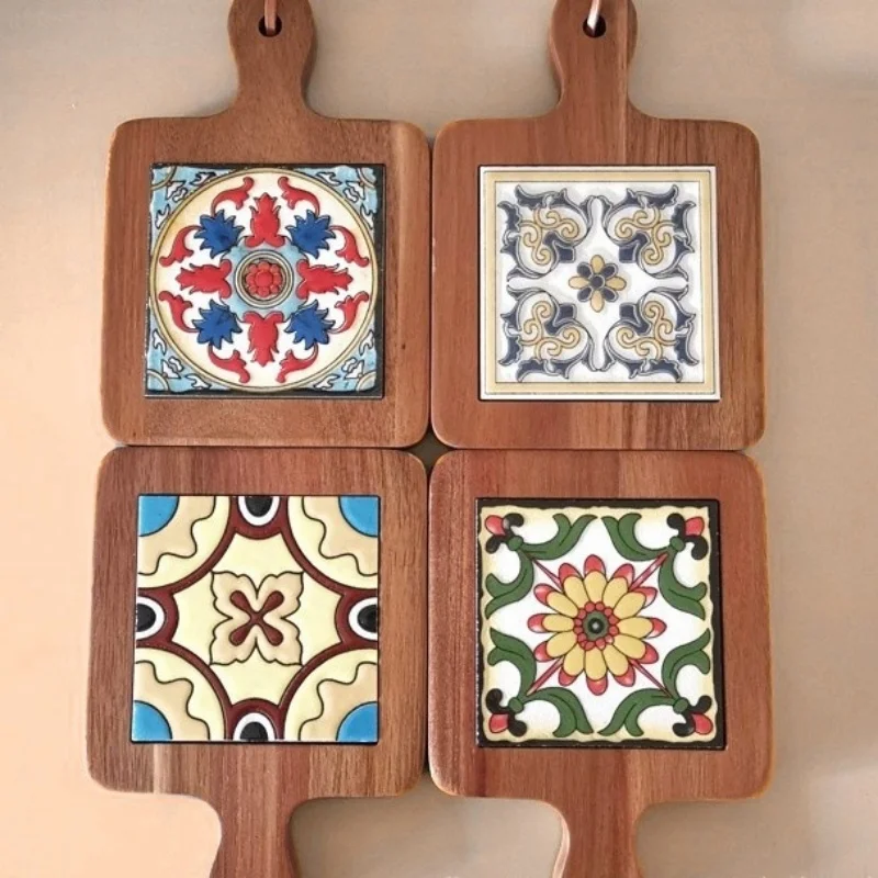 Solid Wood Flower Tile Coasters Heat Insulation Durable Waterproof Coaster Household Restaurant Retro Placemats Casserole Mats