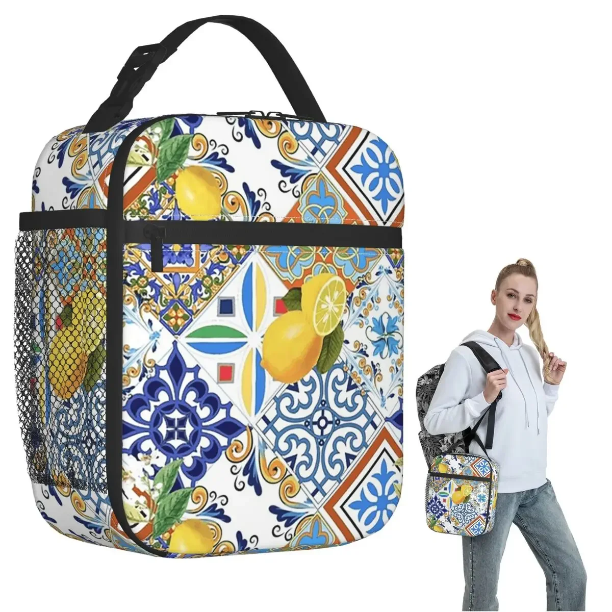 Mediterranean Tiles And Lemon Insulated Lunch Bag for Women Kids Portable Food Boxes Thermal Lunch Box Tote