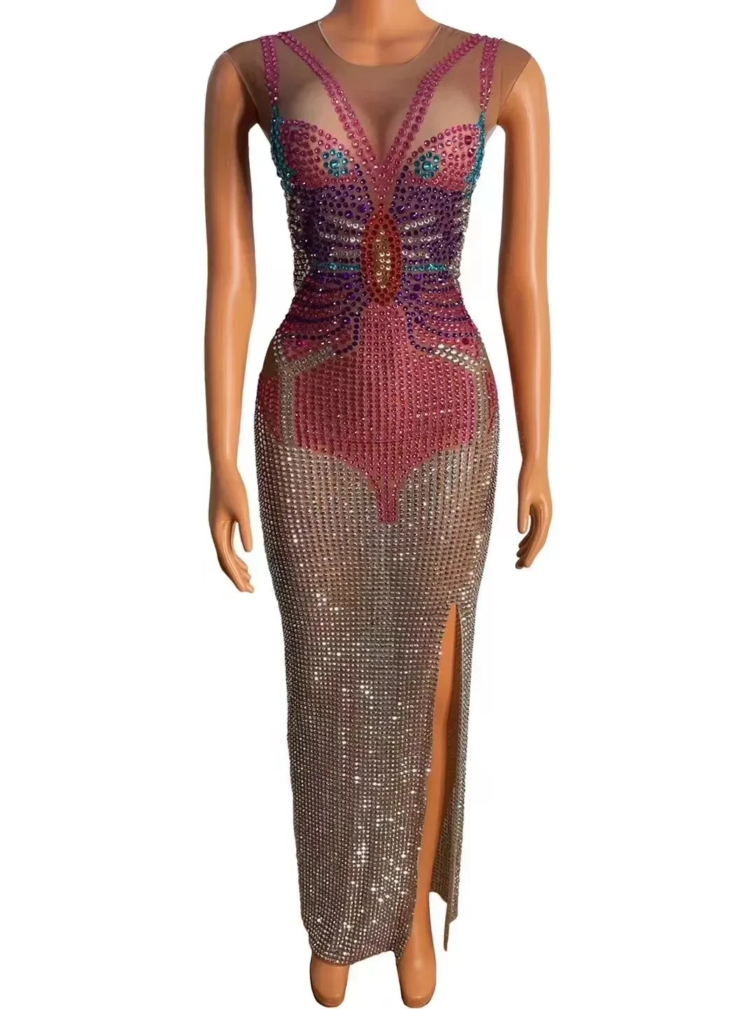 Strass Stretch Mesh durchsichtiges ärmelloses langes Kleid sexy Geburtstag Abschluss ball feiern Abendkleid Fotoshooting