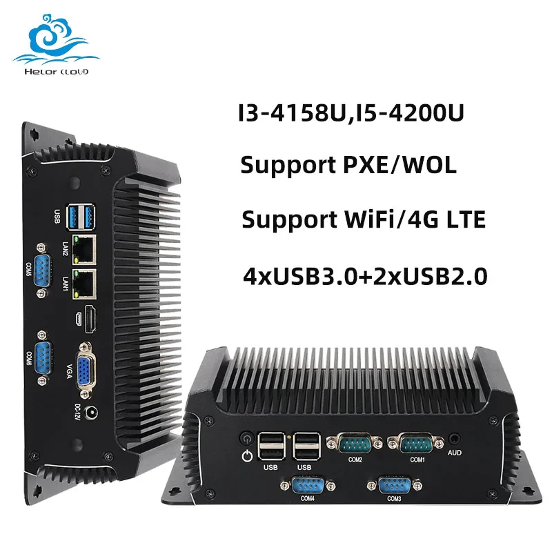 Intel Core i3-4158U Mini PC with 4xUSB3.0 2xUSB2.0 2xGigabit LAN 6xDB9 COM Support Linux WiFi 4G LTE Computer for Industrial