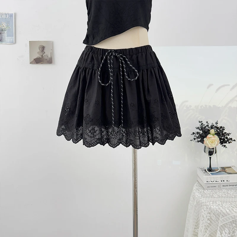 

Wedbleser French Sweet Embroidered Hollow Hook Flower Half Women Summer 2025 Drawstring Tied Elastic Waist Fluffy Short Skirt