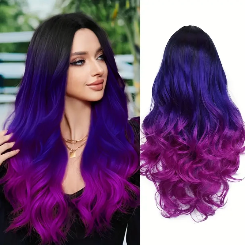 

26inch Elegant Ombre Purple Body Wave Mermaid Wig for Women - Long, Loose Wavy Synthetic Hair