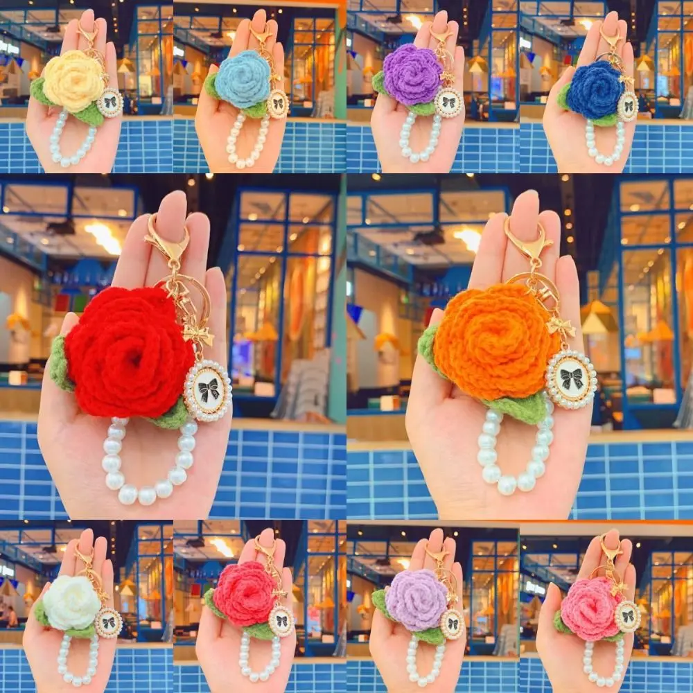 Handmade Rose Camellia Keychain Unique Creative Pearl Flower Keyring Backpack Decor Crochet Camellia Pendant Keychain Gifts
