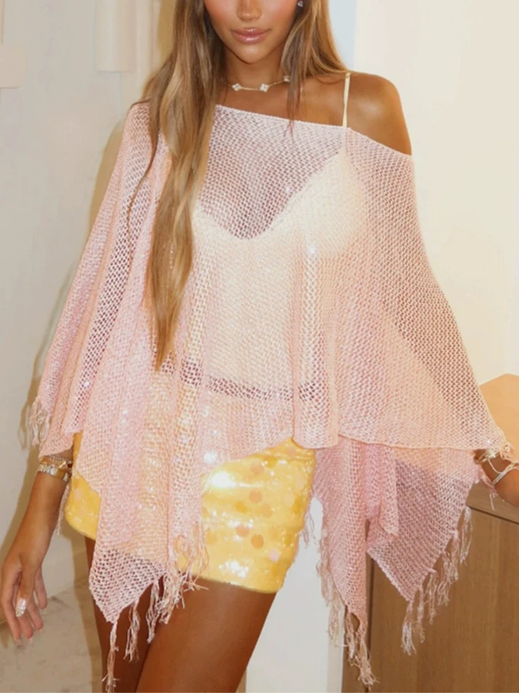 Loose bikini paired with a hollowed out beach sun protection and leisure vacation style pearl glitter summer new cover up
