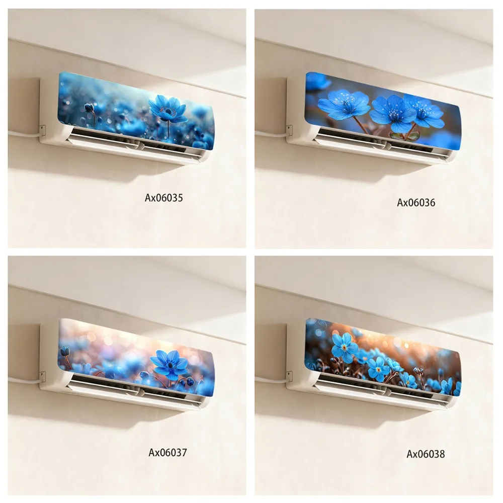 Bokeh Blue Poppy Flower Air Conditioner Sticker, Self-Adhesive Full Cover Soft Floral AC Decal for Bedroom Living Room Decor