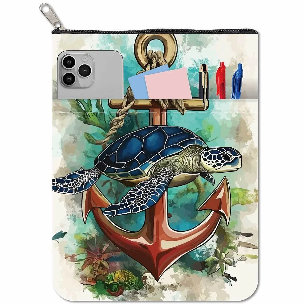 Printed Polyester Book Storage Zipper Bags Rectangle Gold Color Turtle 24x18cm