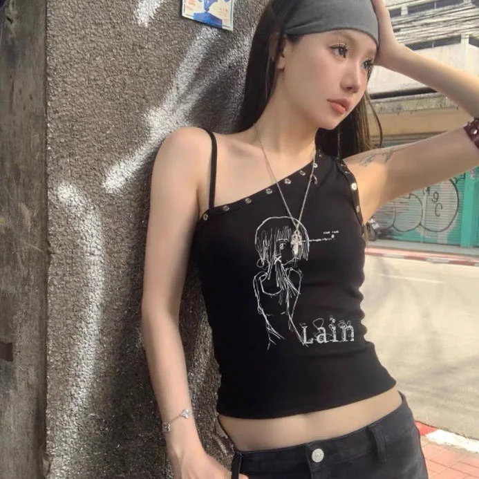 Lain Graphic Print Crop Top T-shirt Short Sleeve Street Fashion Trend Vest Clothing Y2k Street Style Top Tees Cropped Female
