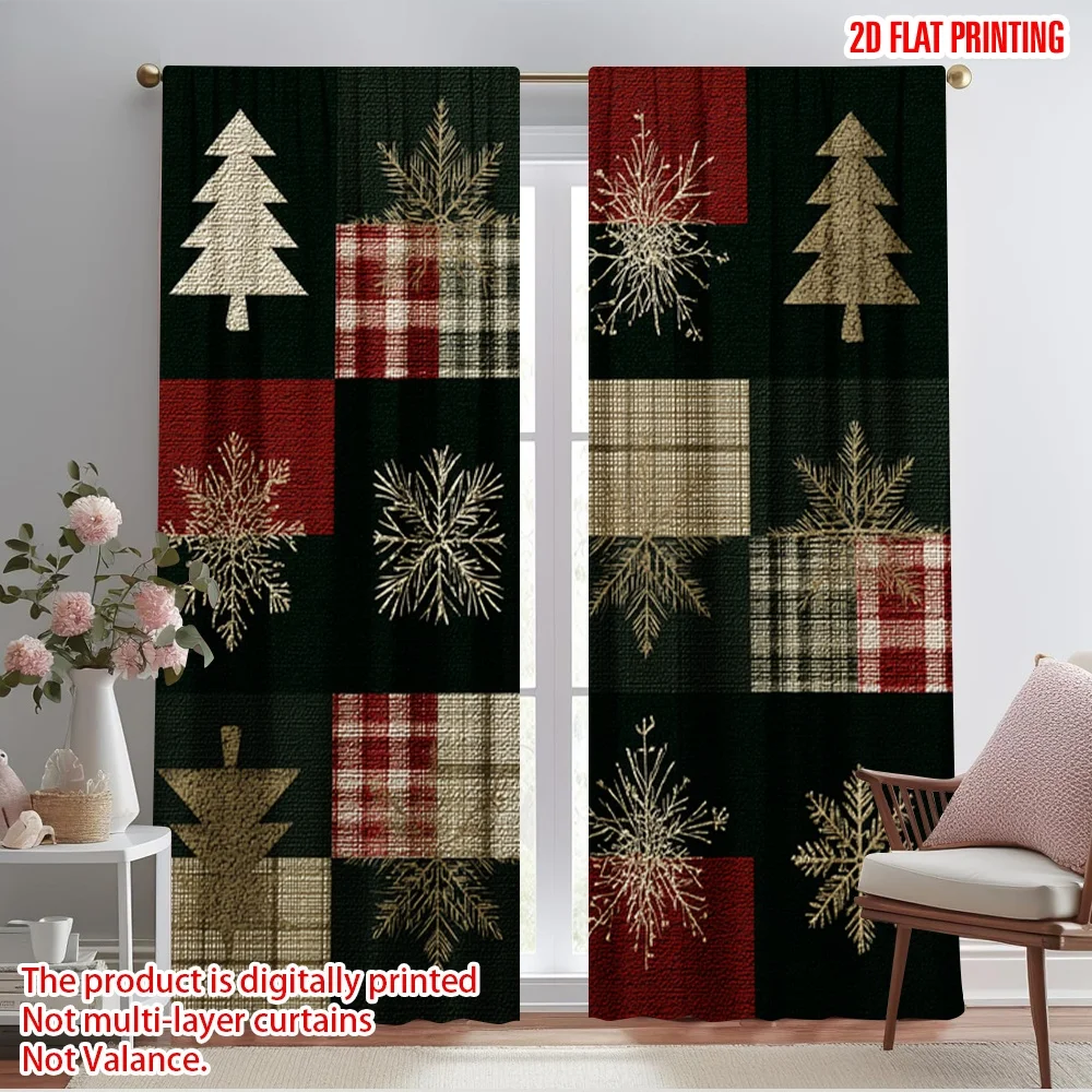 2pcs,2D plane printing Curtain Popular Christmas Snowflake Tree Plaid Polyester (without rod) Versatile All for Living Room,