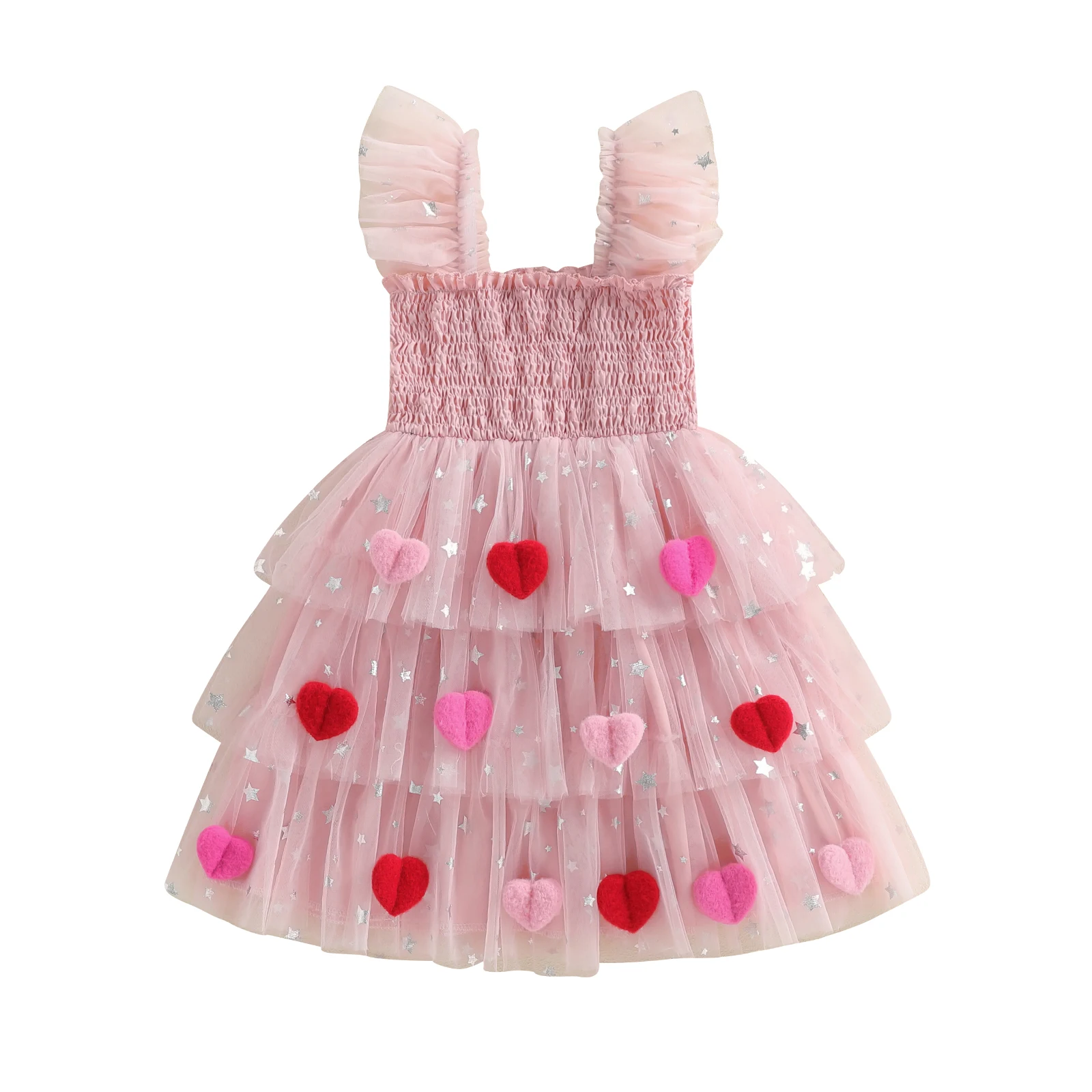 Valentine s Day Little Girls Tutu Dress Adorable Heart Decorated Sleeveless Square Neck Tulle Dress