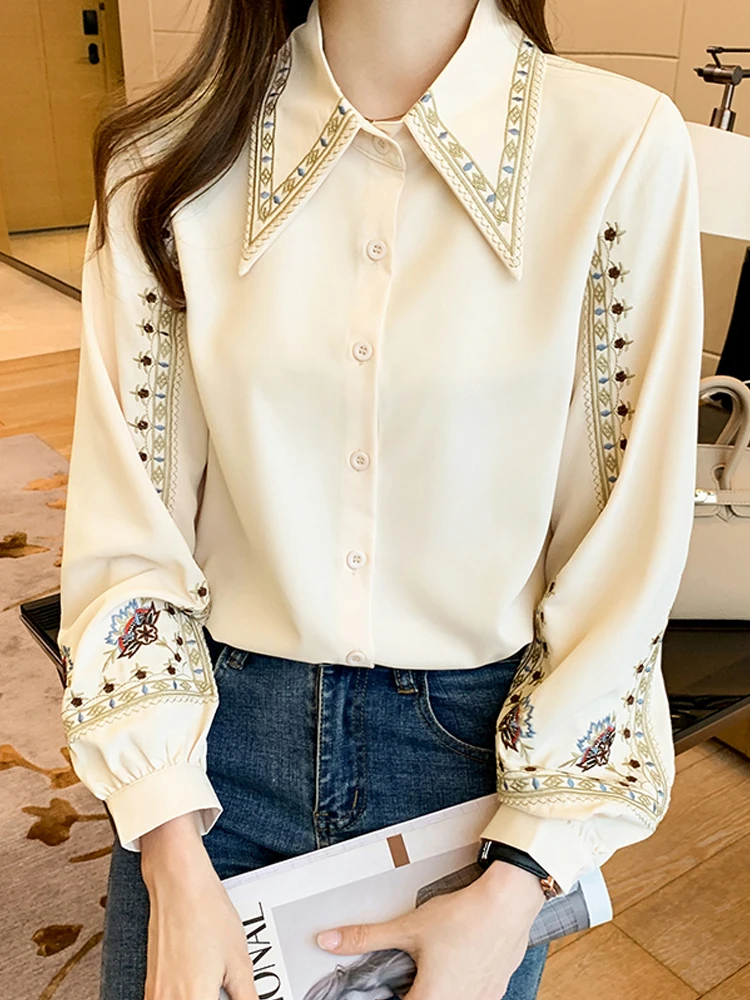 Embroidered Women Shirt High Quality Female Elegant Blouses Ladies Work Wear Shirts White Beige Floral Clothings Chiffon Tops