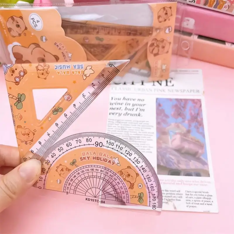 Juego de reglas geométricas de matemáticas, 4X, reglas triangulares de capibara, juego de medición transportador, juego de herramientas de geometría de matemáticas para estudiantes para la escuela y el hogar