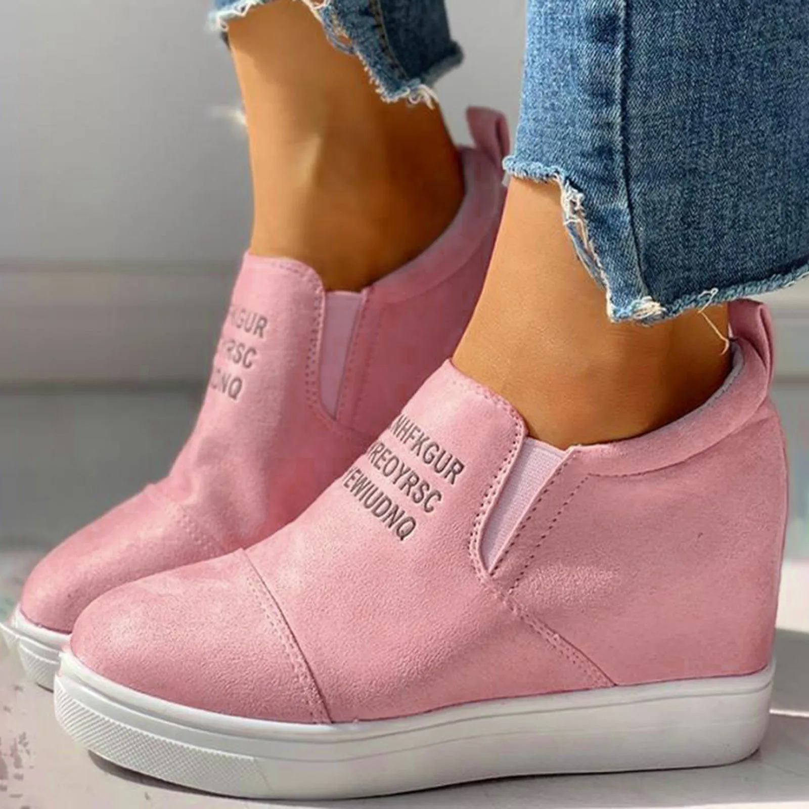 Platform Shoes For Women Wedge Increase Shoes Pink Shoes Ladies Letter Print Round Toe Silp On Fashion Sneakers Zapatos Mujer