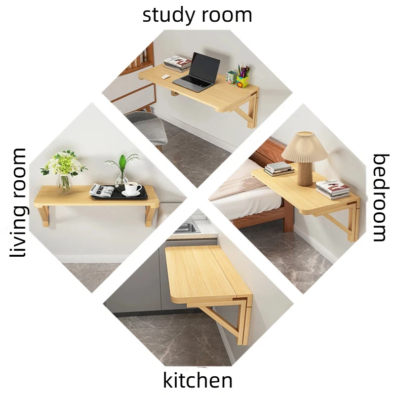 Foldable Wall Mounted Table, Solid Wood Foldable Table with Triangle Bracket,Wall Mounted Table for Dining Office Study