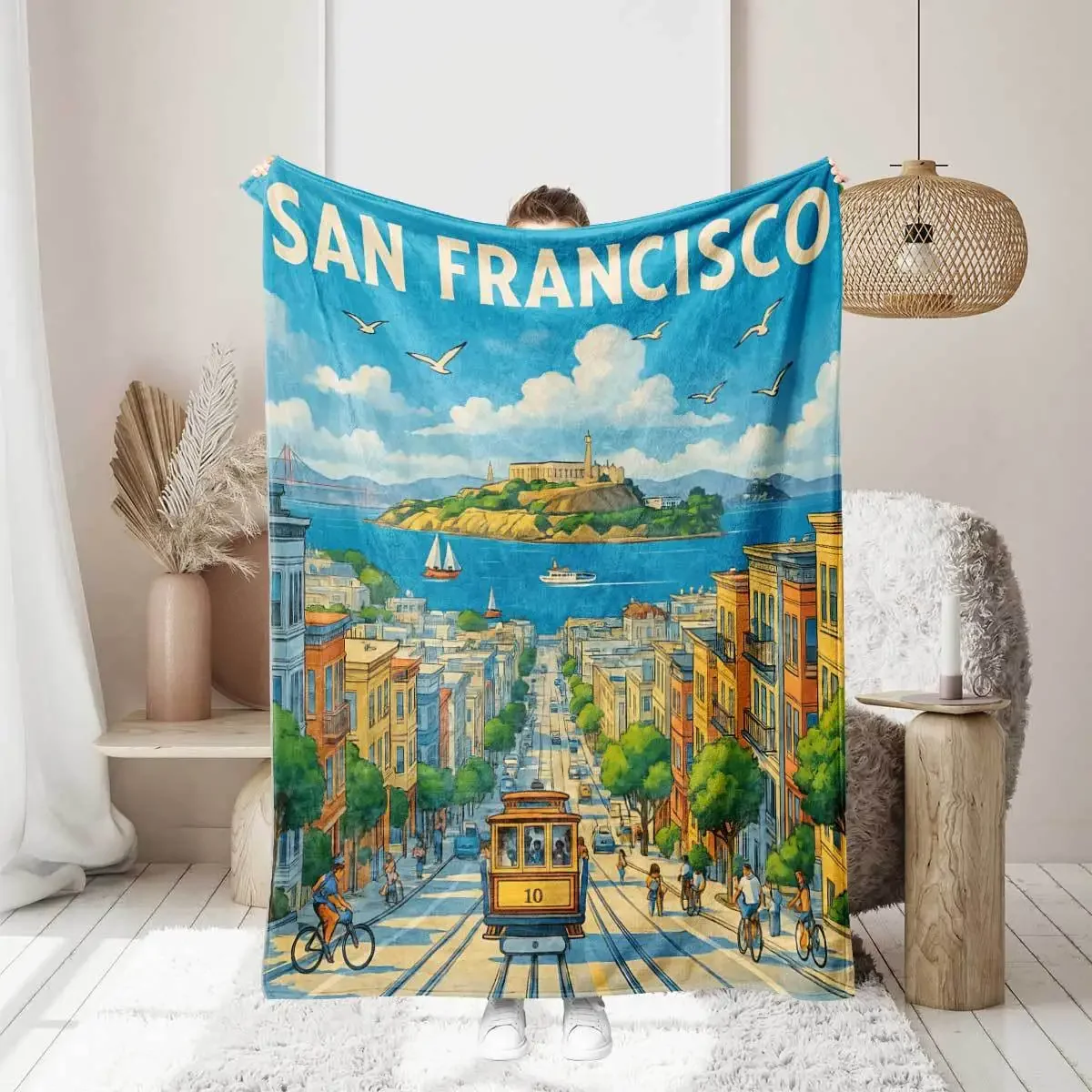 Ocean view San Francisco blanket, travel souvenir poster, panoramic scenery, flannel bed decor, wool throw blanket for sofa