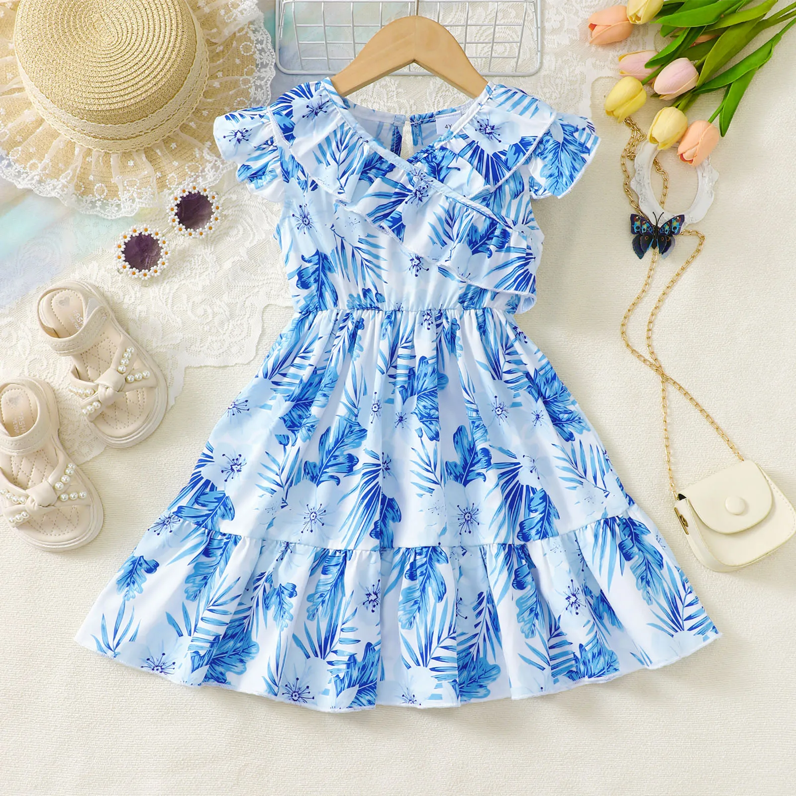 1-6 Year old Girls' Dress Ruffle Edge design Maple Leaf print Dress Summer Beach Vacation Casual Dress Girls' clothing