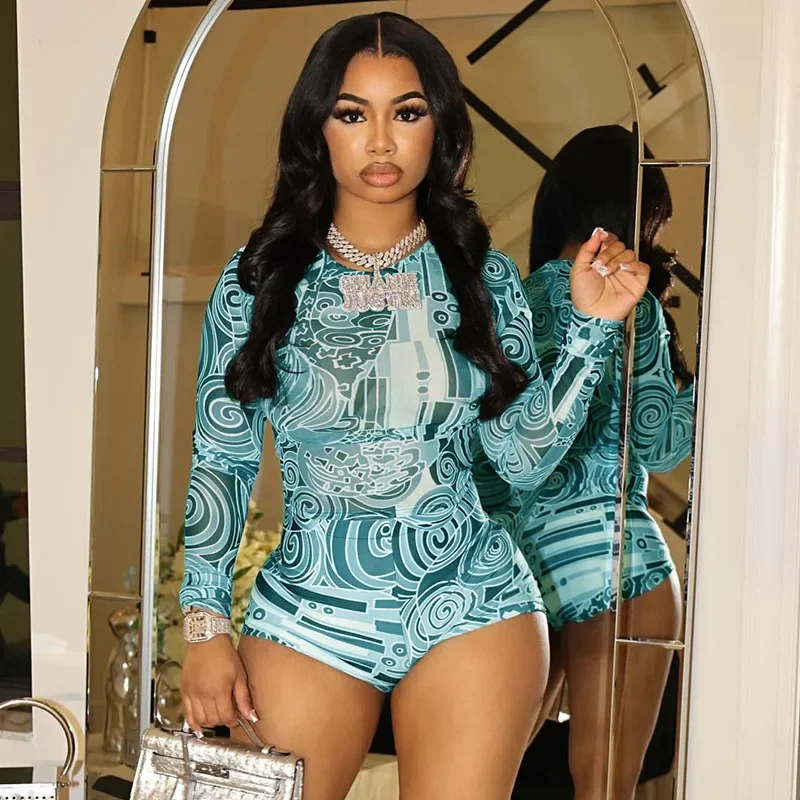 Women Sexy Printed Mesh 2 Piece Set Tracksuits Long Sleeve T-shirts Tops + Shorts Fashion Casual Streetwear Suit Clubwear