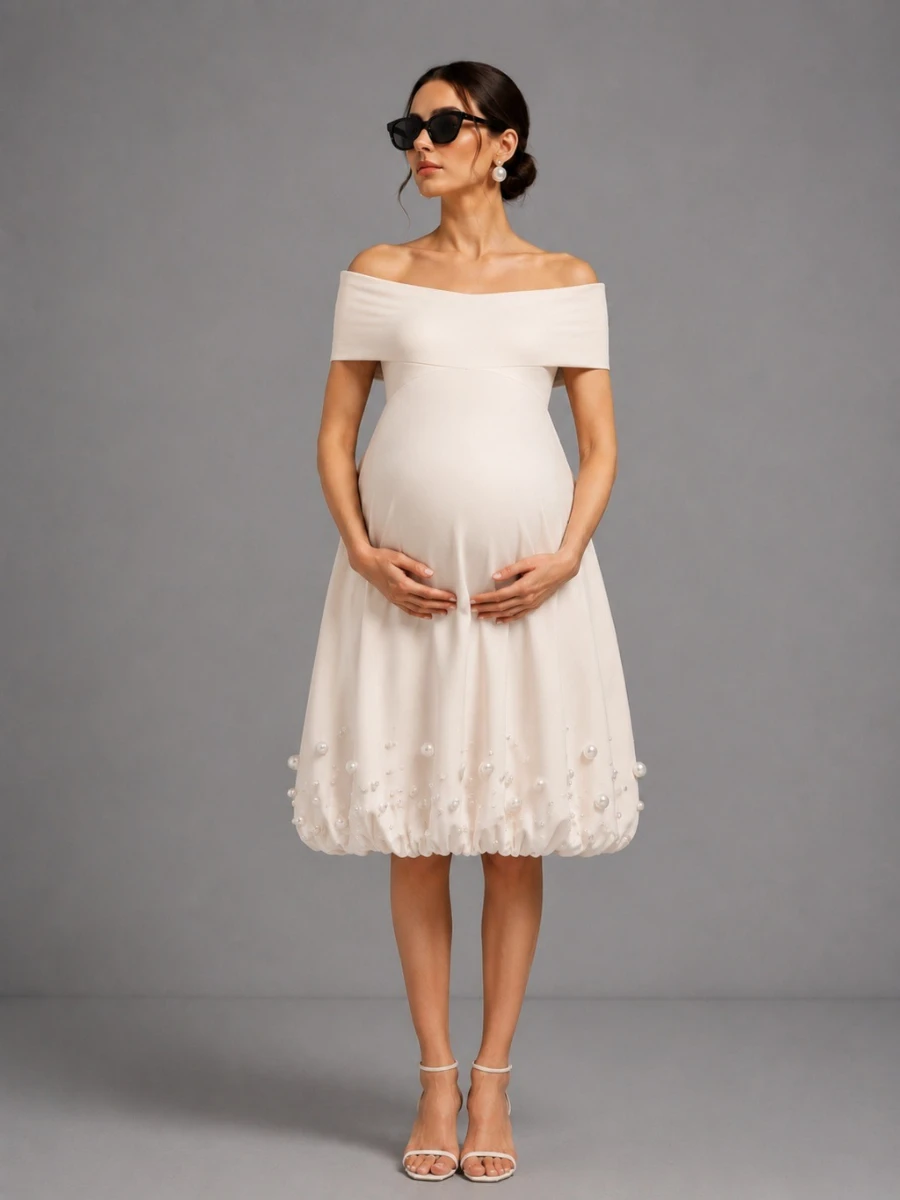 Ivory Off-Shoulder Maternity Baby Shower Dress with Pearl Bubble Skirt L-26927