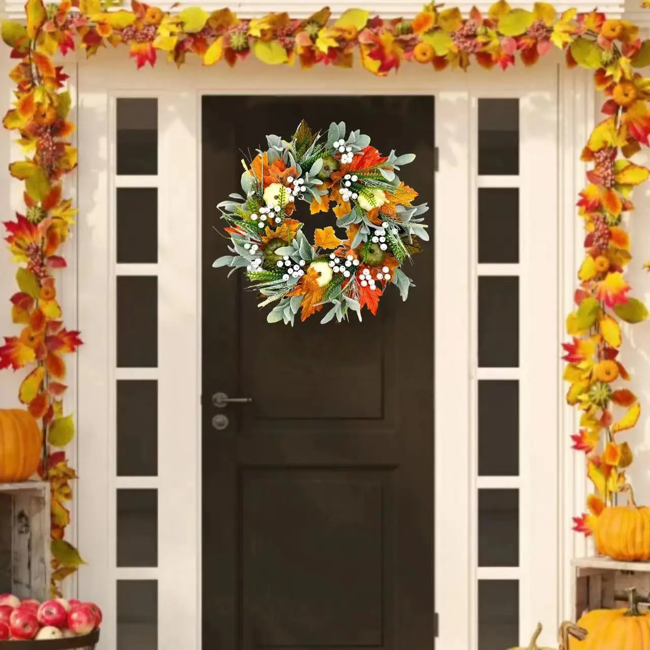 Thanksgiving Decoration Pumpkin Wreath Artificial Maple Leaf Wreath For Front Door Autumn Harvest Festival Wreath Home Decor