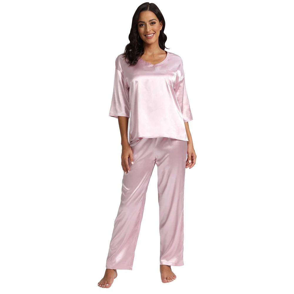 Womens Silk Satin Pajamas Loungewear Two-piece Sleepwear Pj Set