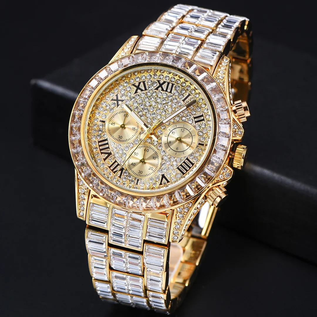 Full Ice Out Watch Men Luxury Handmade Mosaic Diamond 18K Gold Watch Chronograph Waterproof Hip Hop Mens Watches Reloj Hombre