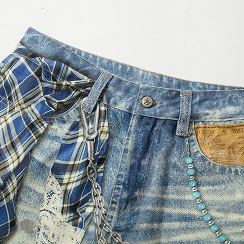 MWJLPWQ Plaid Chain Print Denim Shorts Men's American Street Style Loose Fit Casual Cropped Jeans 2026 Summer New 17495