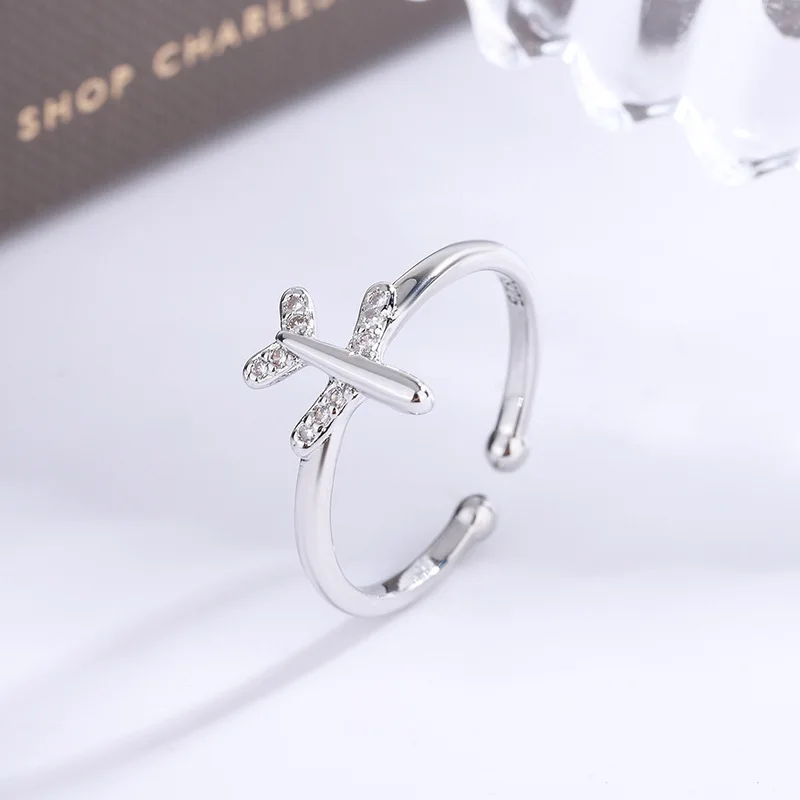 New Fashion Diamond Studded Zircon Airplane 925 Sterling Silver Jewelry Personality Opening Rings  R141