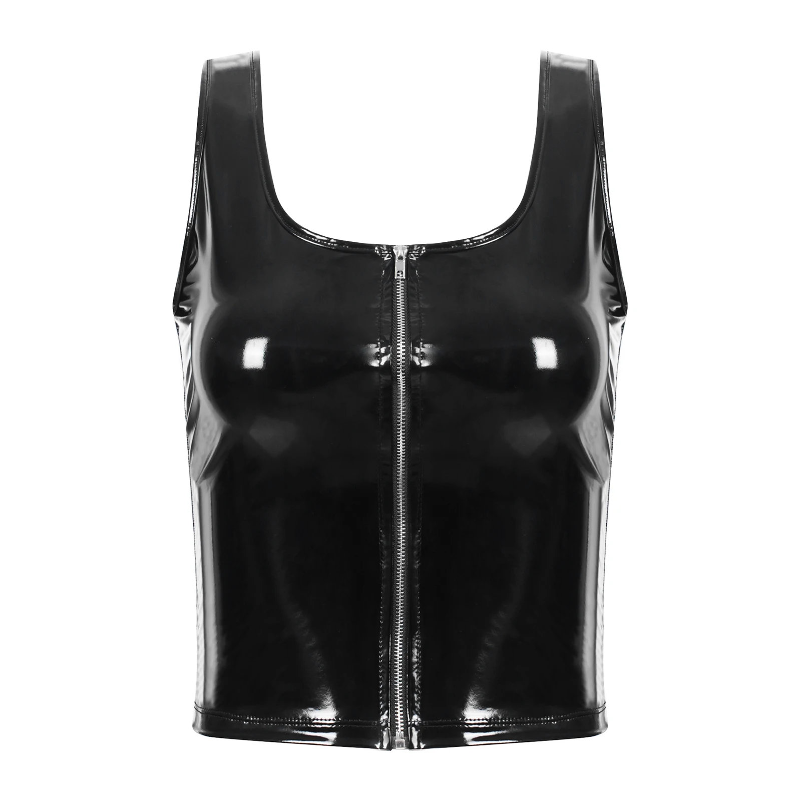Womens Strappy Sexy Gothic Punk Camisole Wet Look Patent Leather Tank Top Female Front Zipper U Neck Sleeveless Tank Vest Tops