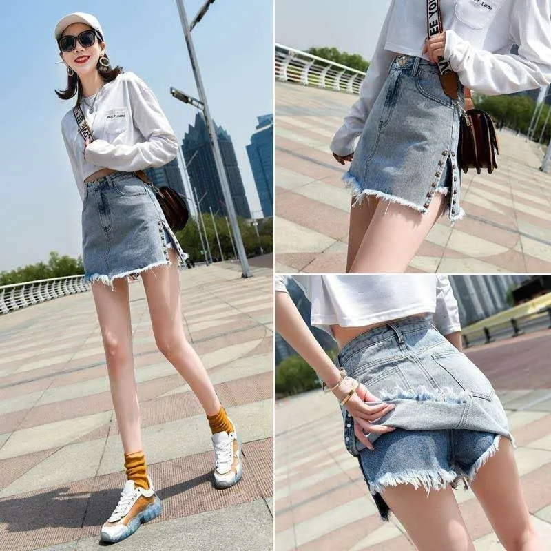 

Denim Skirt Women's Summer High-waisted A-line Skirt One-piece Fake Two-piece Ins Super Popular Culottes Women's Denim Shorts