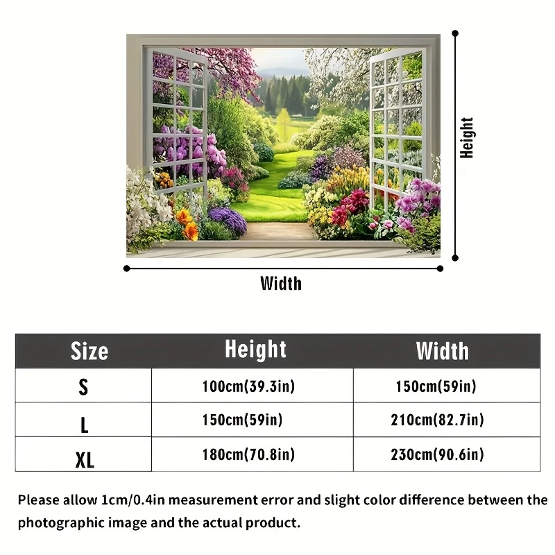 2D flaches 1-teiliges Polyester-Banner mit Frühlingsgartenlandschaft, durch das Fenster, perfekte Wohnzimmerdekoration und Raumdekoration – Detail 7