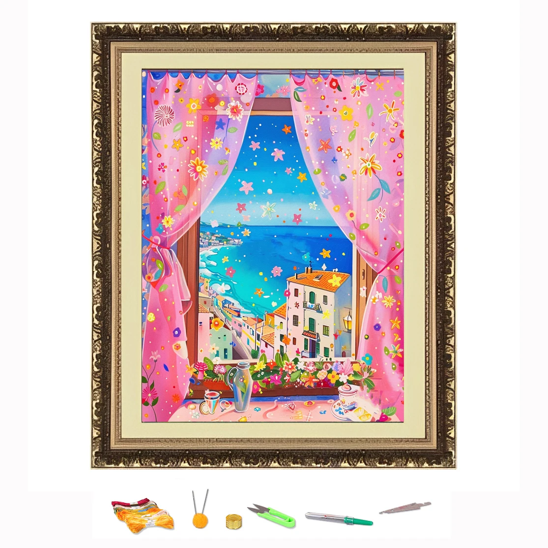 Cross Stitch Embroidery Pink Windowsill Mediterranean Scenery Thread Drawing DIY Needlework Kit Decorate Printed on Canvas 11CT