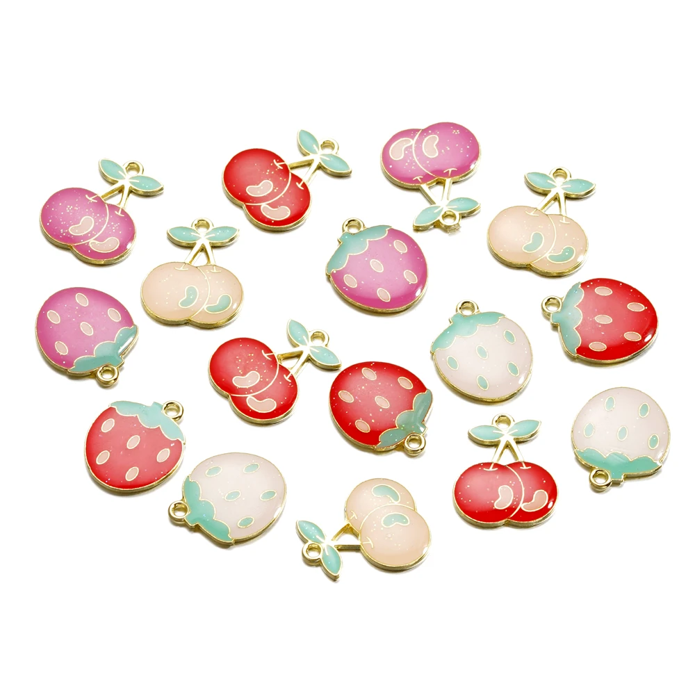 

10pcs/lot Enamel Strawberry Cherry Shape Charms Alloy Drop Oil Pendants for DIY Jewelry Making Earrings Necklace Bracelet Chains