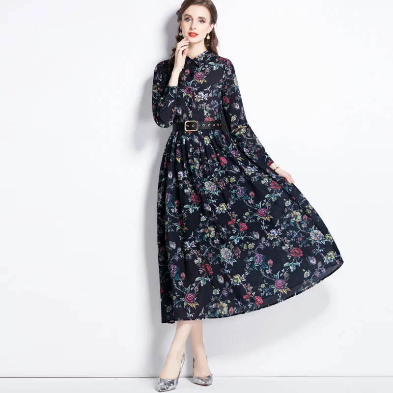 #2337 Floral Printed Chiffon Midi Dress Women Polo Neck Sashes A Line Casual Shirt Dress Long Sleeve Vintage A-line Dress Ladies