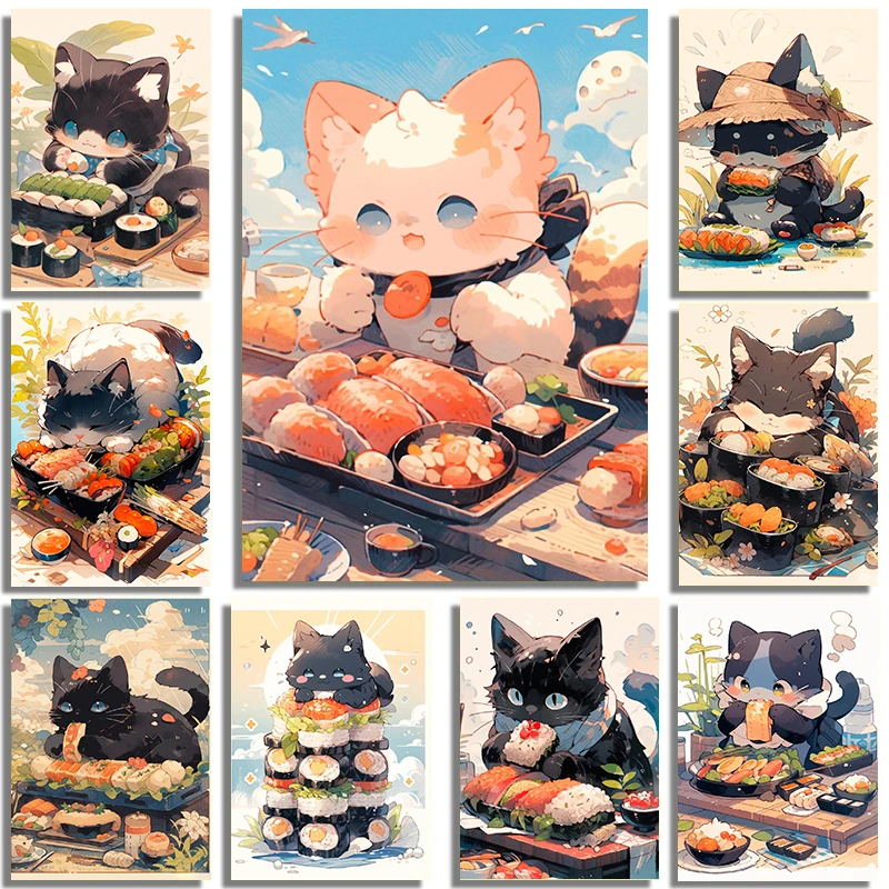 Kawaii Cuisine Black-white Cat Poster Japan Cute Salmon Sushi Prints Canvas Painting Wall Art Picture Restaurant Room Home Decor