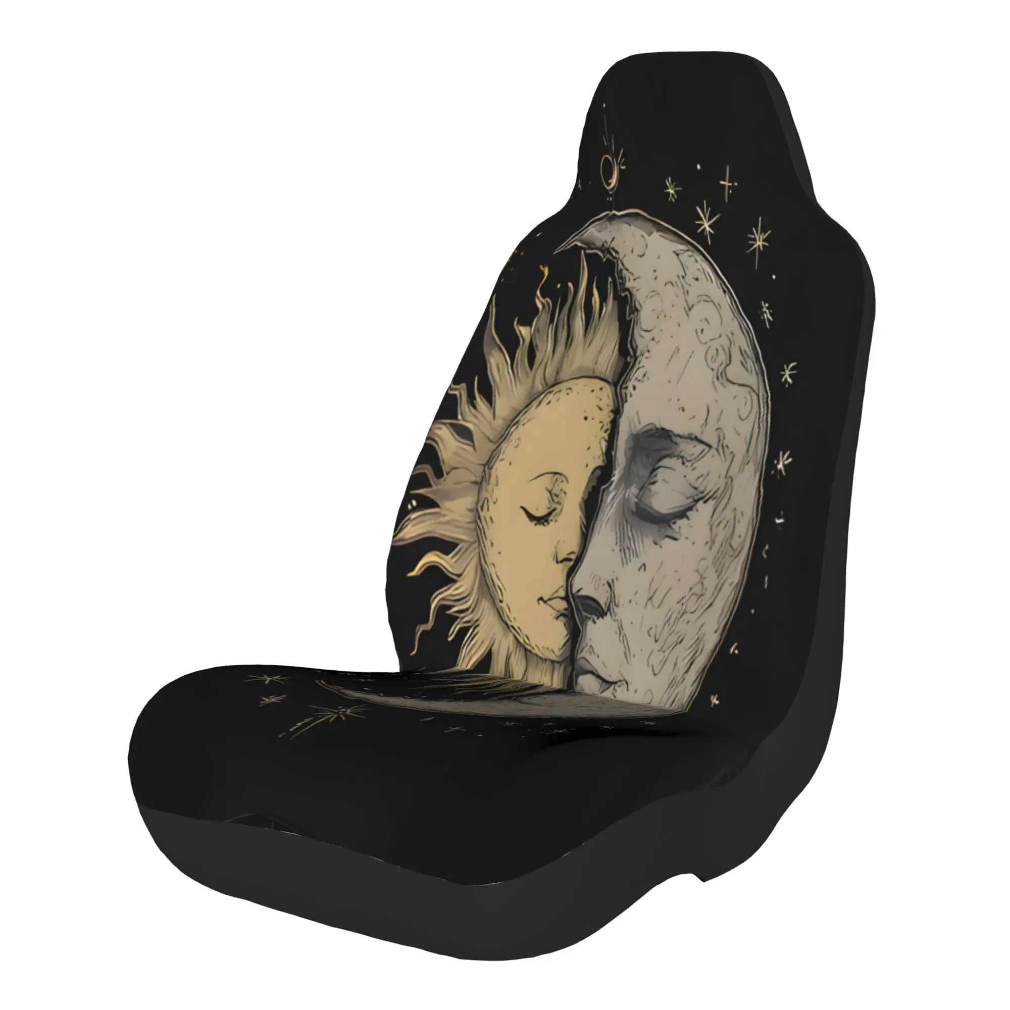 Set Of 2 Celestial Embrace: Sun And Moon Outline With Stars In The Night Sky. Car Seat Covers That Fit For All Types Of Vehicles