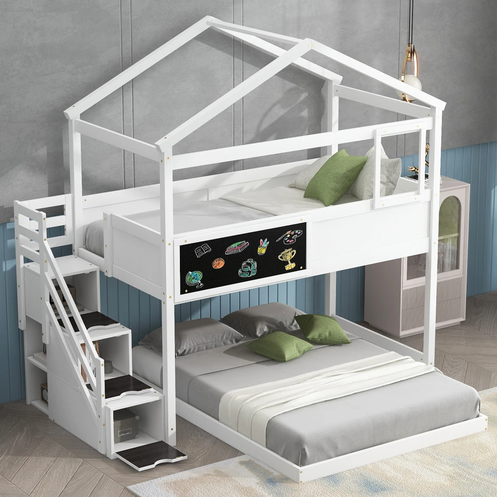 Children Beds Twin Over Full House Bunk Bed with Storage Staircase Blackboard,White Bunk Beds Kids  Toddler Children Furniture