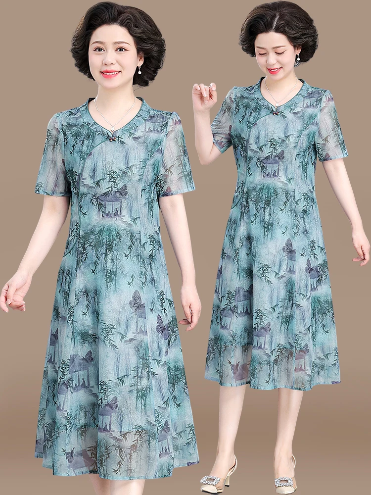 

Ele Summer Dr Chiffon Qipao Midi Skirt for Middle-Aged And ly Women Faionable Loose Fit round Ne ort Sve