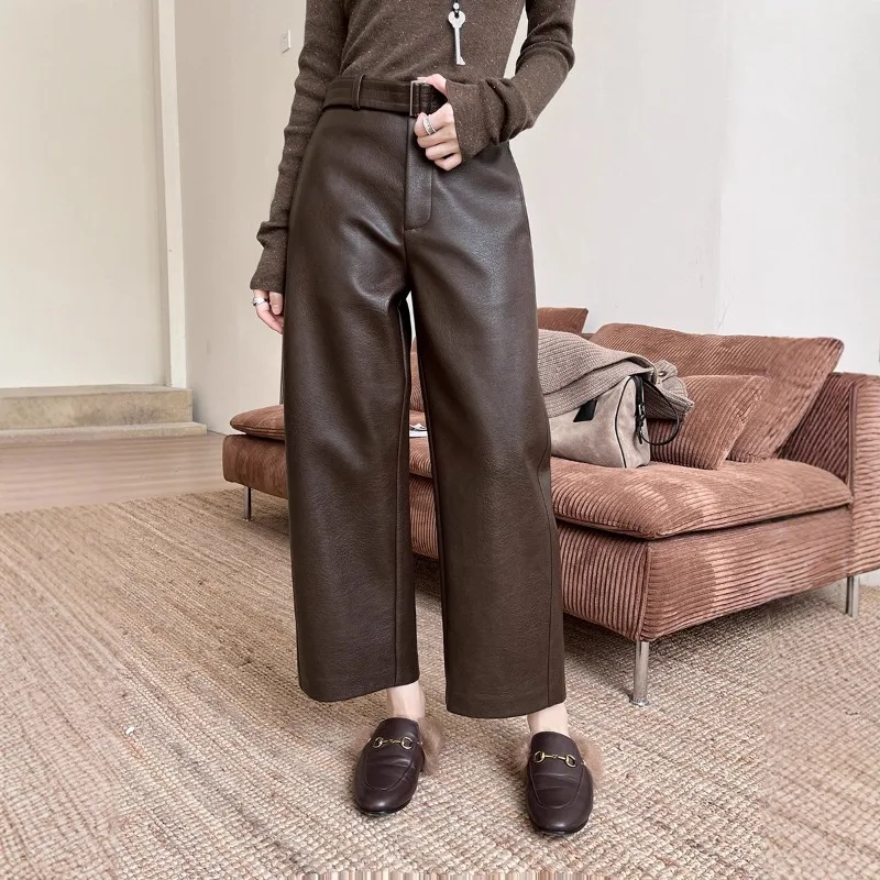 

2026 Simple High-end Protein Leather Crisp Matte PU Straight Nine-point Casual Pants Women